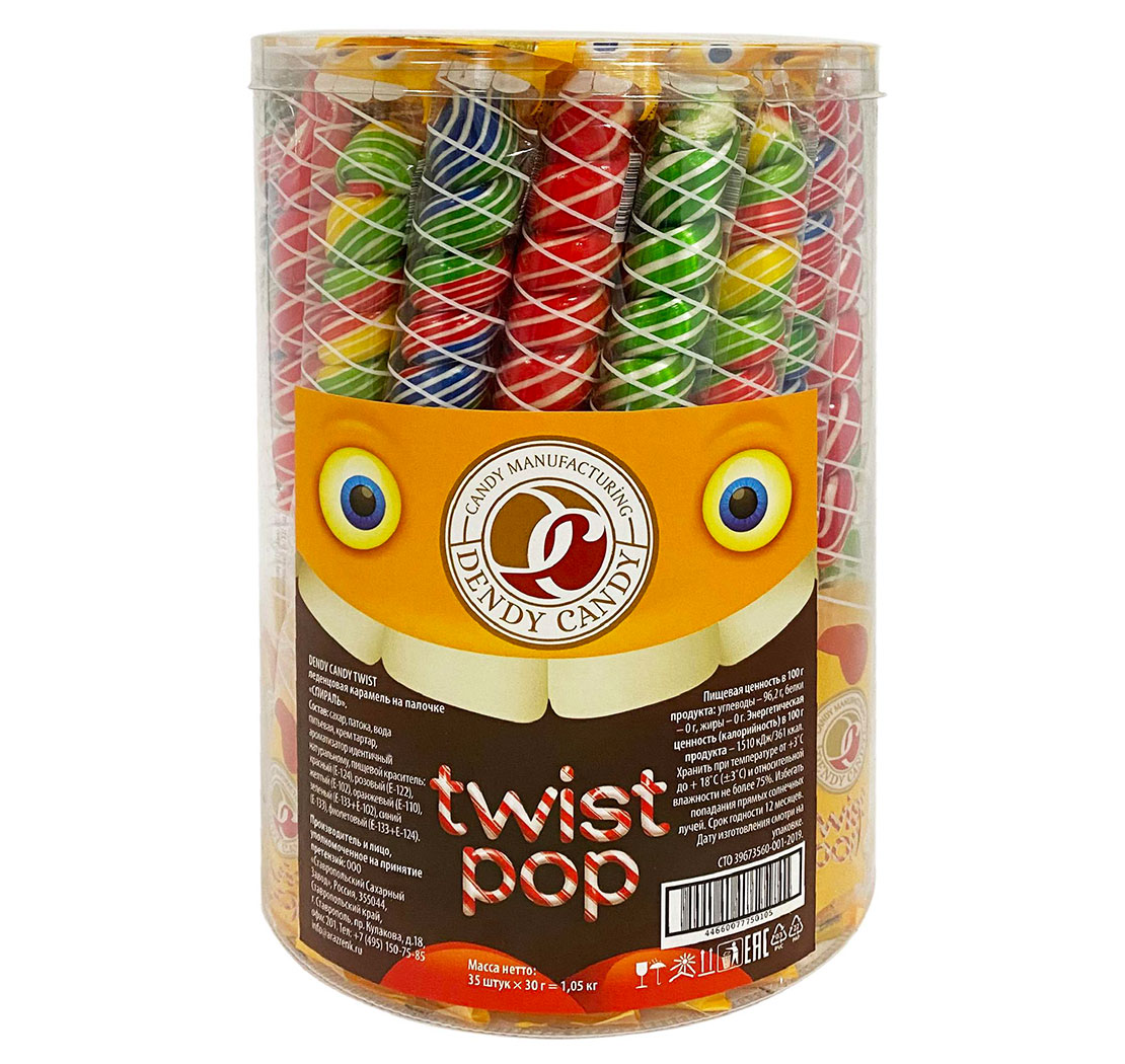 DENDY CANDY TWIST lollipop caramel on a SPIRAL stick (flow-pack in a tube) 30g35pcs